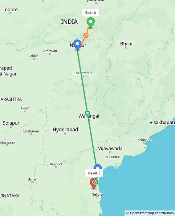 Route map showing distance and travel time from Seoni, India to Kavali, India