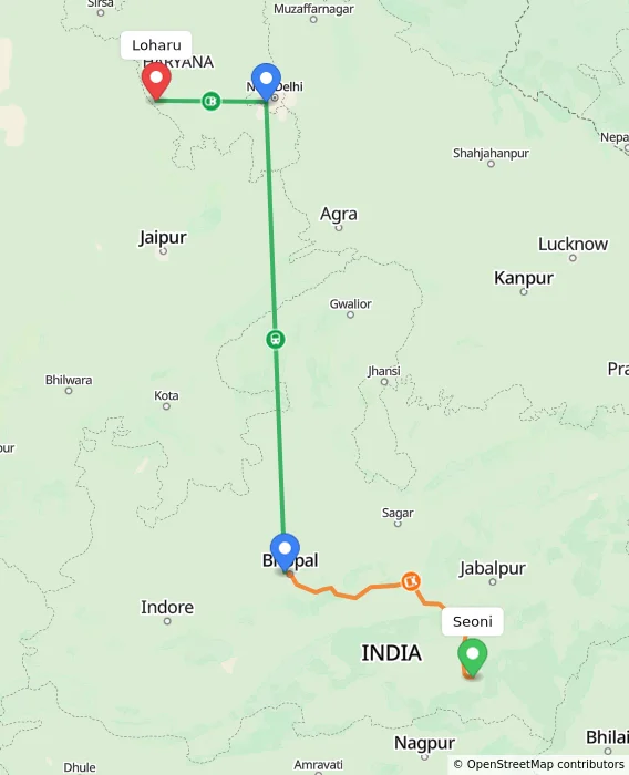 Route map showing distance and travel time from Seoni, India to Loharu, India