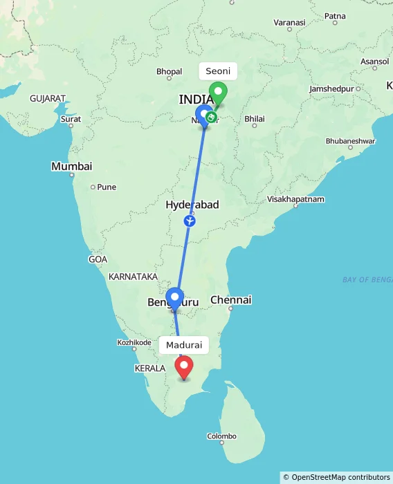 Route map showing distance and travel time from Seoni, India to Madurai, India