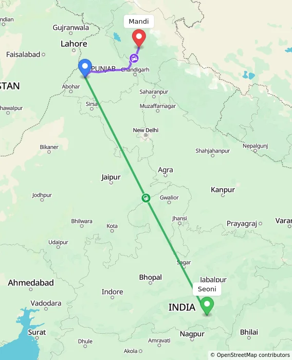 Route map showing distance and travel time from Seoni, India to Mandi, India
