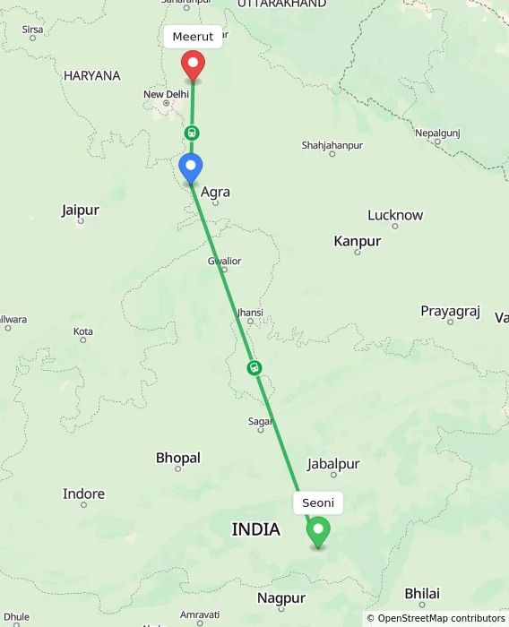 Route map showing distance and travel time from Seoni, India to Meerut, India