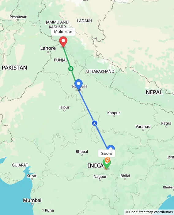 Route map showing distance and travel time from Seoni, India to Mukerian, India