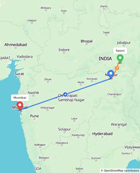 Route map showing distance and travel time from Seoni, India to Mumbai, India