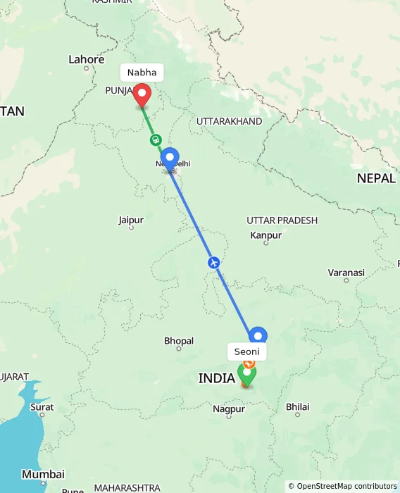 Route map showing distance and travel time from Seoni, India to Nabha, India