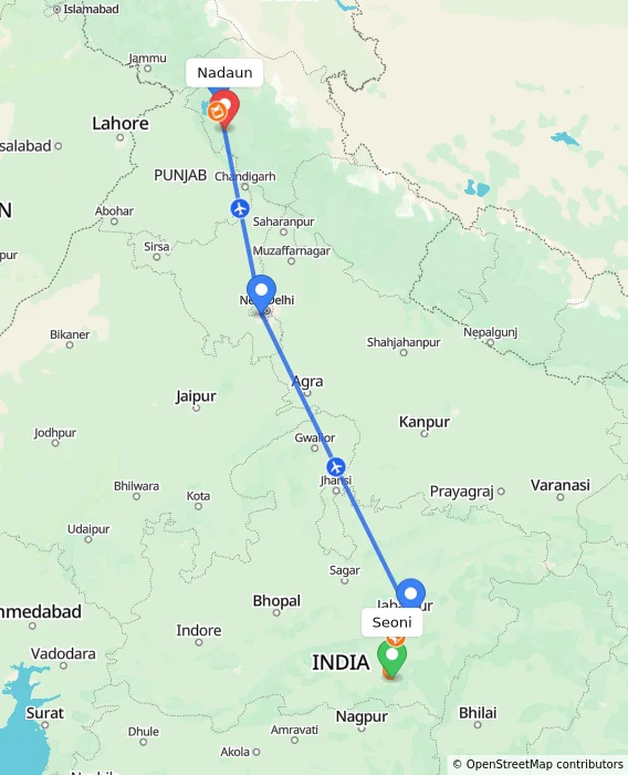 Route map showing distance and travel time from Seoni, India to Nadaun, India