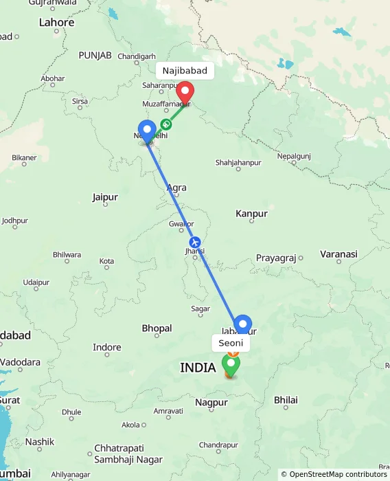 Route map showing distance and travel time from Seoni, India to Najibabad, India
