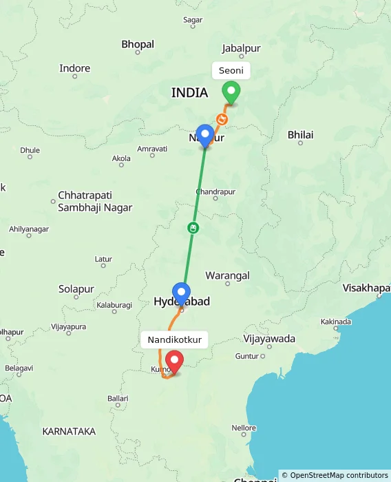 Route map showing distance and travel time from Seoni, India to Nandikotkur, India