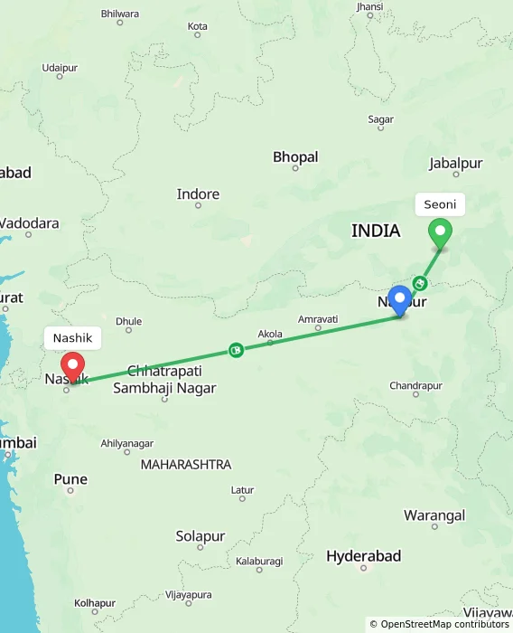Route map showing distance and travel time from Seoni, India to Nashik, India