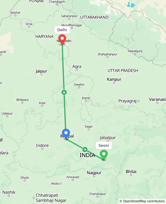 Route map showing distance and travel time from Seoni, India to Delhi, India