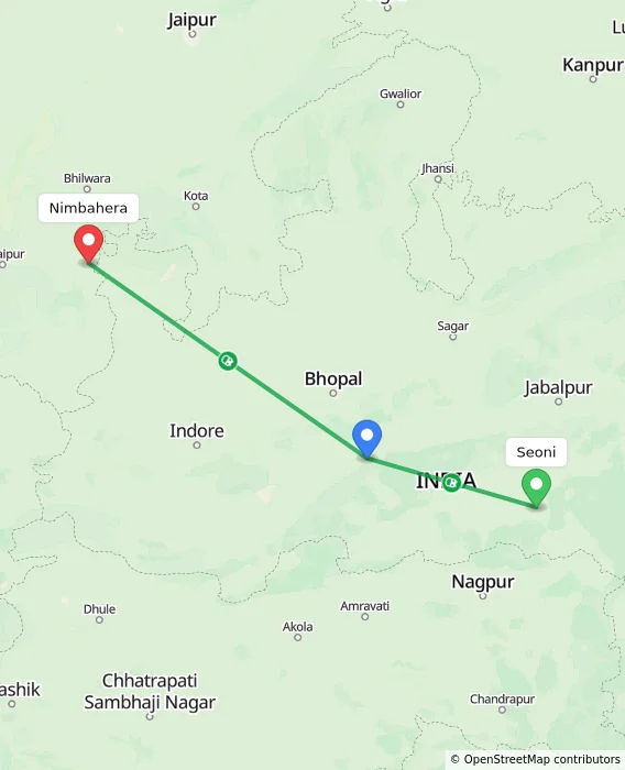 Route map showing distance and travel time from Seoni, India to Nimbahera, India