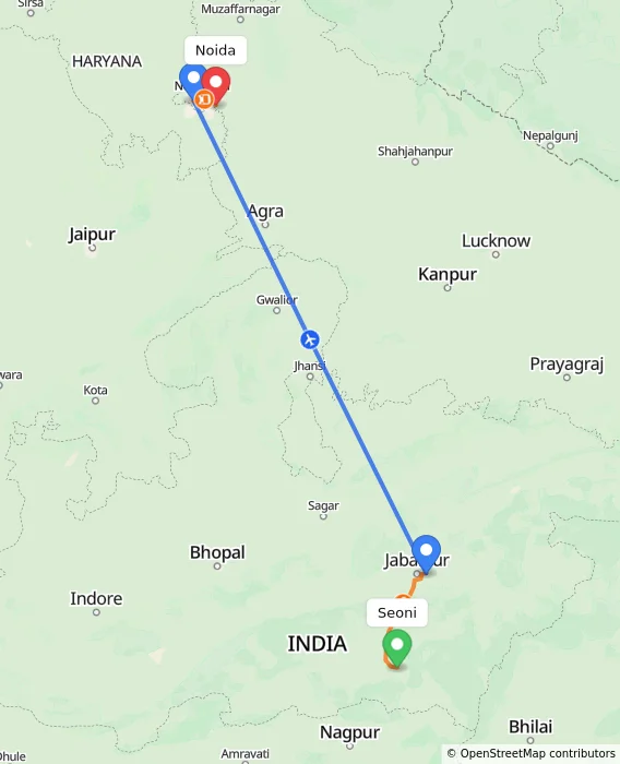 Route map showing distance and travel time from Seoni, India to Noida, India