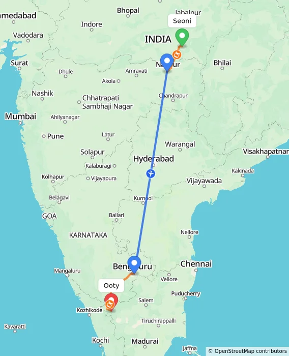 Route map showing distance and travel time from Seoni, India to Ooty, India