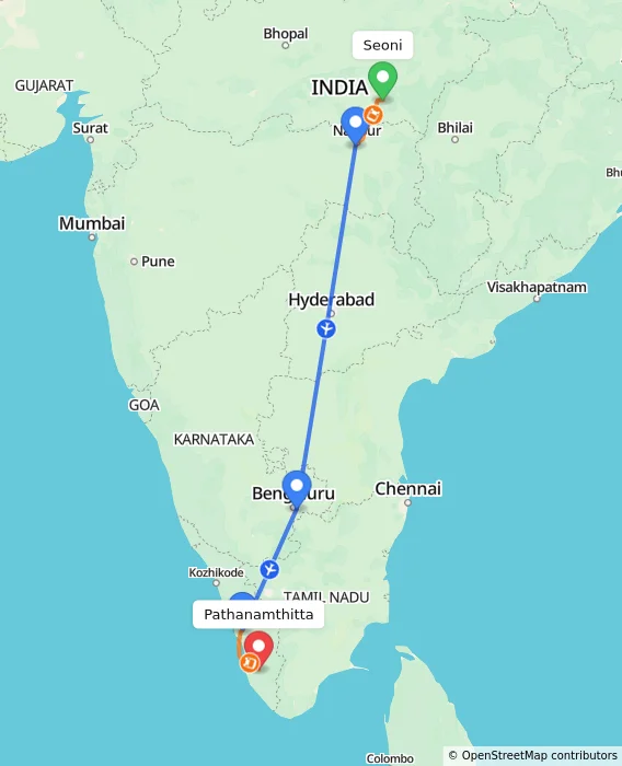 Route map showing distance and travel time from Seoni, India to Pathanamthitta, India
