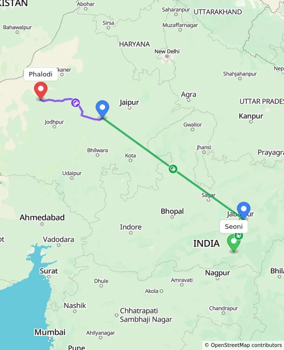 Route map showing distance and travel time from Seoni, India to Phalodi, India