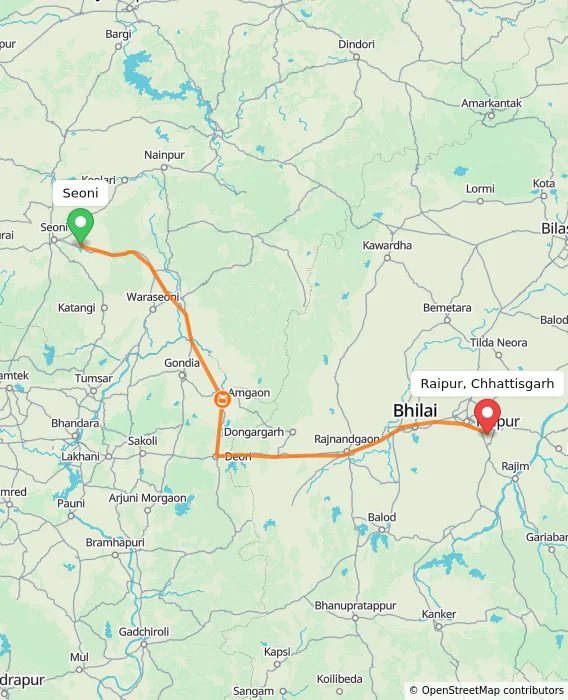 Route map showing distance and travel time from Seoni, India to Raipur, Chhattisgarh, India
