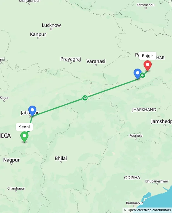 Route map showing distance and travel time from Seoni, India to Rajgir, India