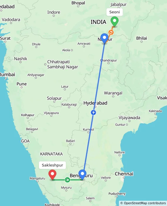 Route map showing distance and travel time from Seoni, India to Sakleshpur, India