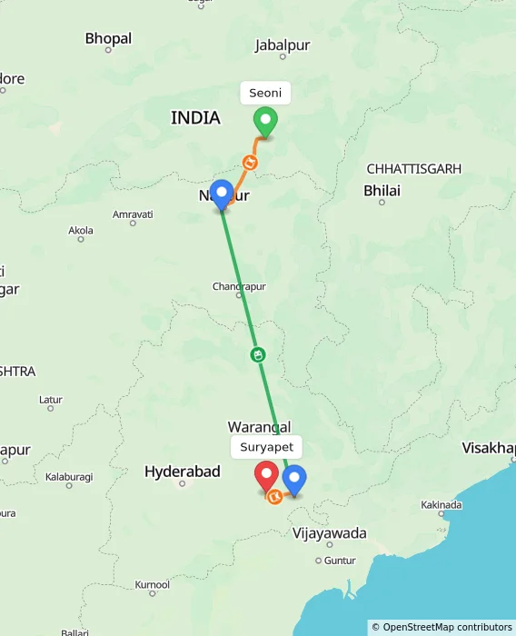 Route map showing distance and travel time from Seoni, India to Suryapet, India