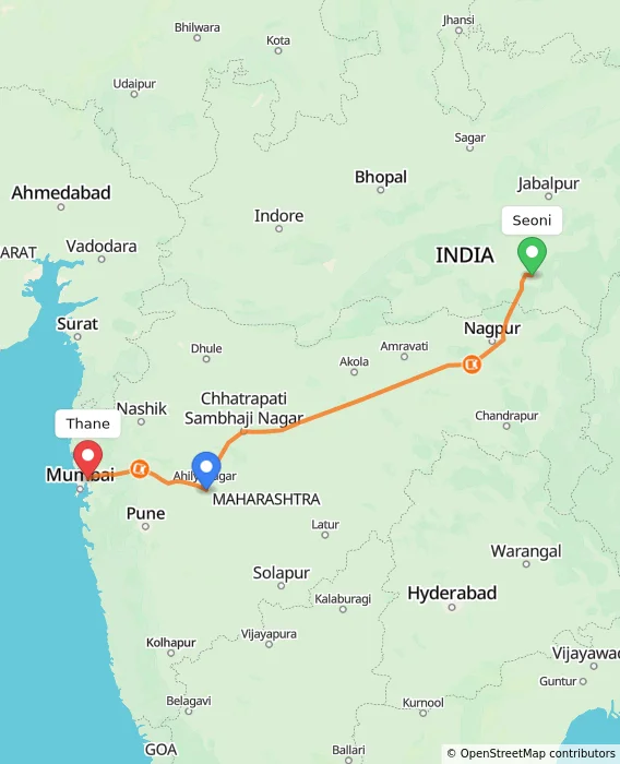 Route map showing distance and travel time from Seoni, India to Thane, India