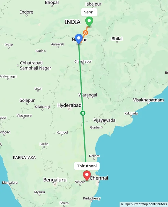 Route map showing distance and travel time from Seoni, India to Thiruthani, India