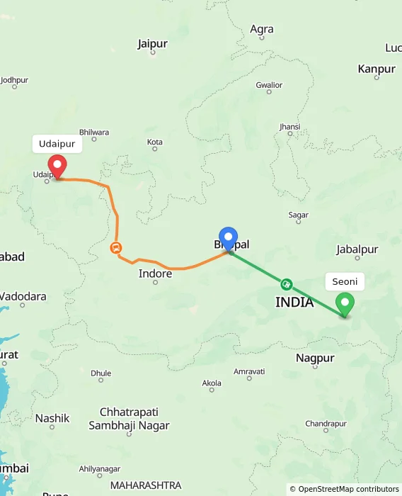 Route map showing distance and travel time from Seoni, India to Udaipur, India