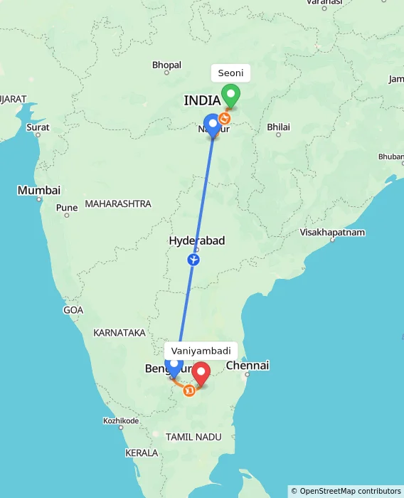 Route map showing distance and travel time from Seoni, India to Vaniyambadi, India