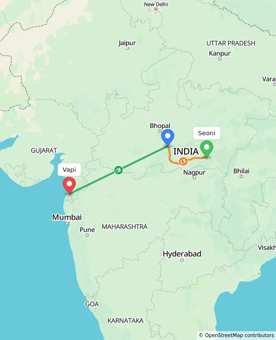 Route map showing distance and travel time from Seoni, India to Vapi, India