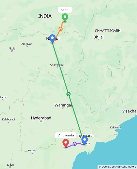 Route map showing distance and travel time from Seoni, India to Vinukonda, India