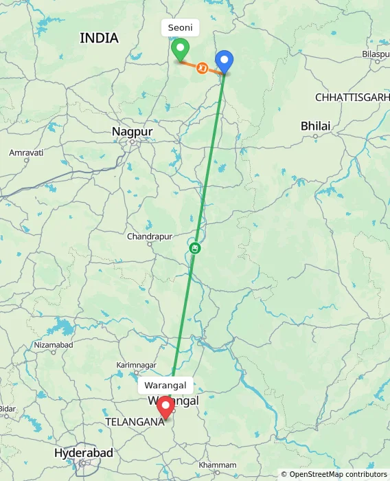 Route map showing distance and travel time from Seoni, India to Warangal, India