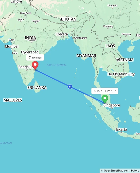 Route map showing distance and travel time from Sepang, Malaysia to Chennai, India