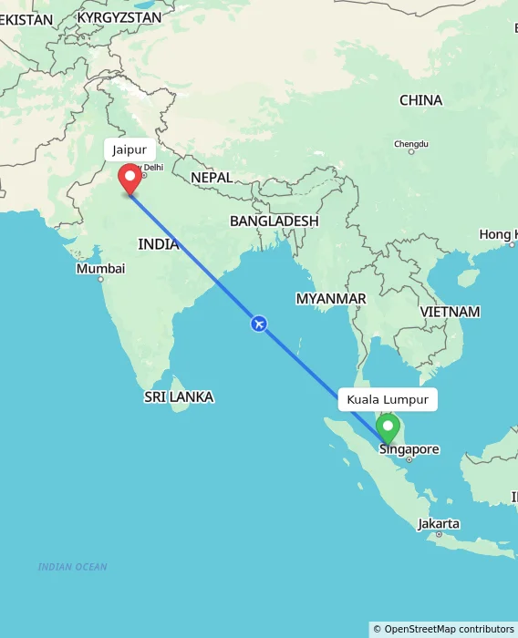 Route map showing distance and travel time from Sepang, Malaysia to Jaipur, India