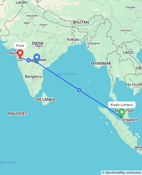 Route map showing distance and travel time from Sepang, Malaysia to Pune, India