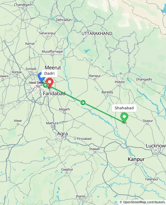 Route map showing distance and travel time from Shahabad, India to Dadri, India