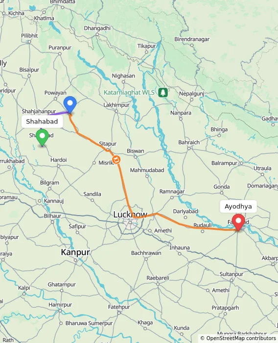 Route map showing distance and travel time from Shahabad, India to Ayodhya, India