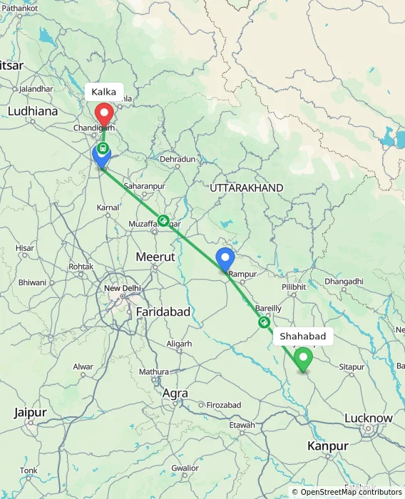 Route map showing distance and travel time from Shahabad, India to Kalka, India