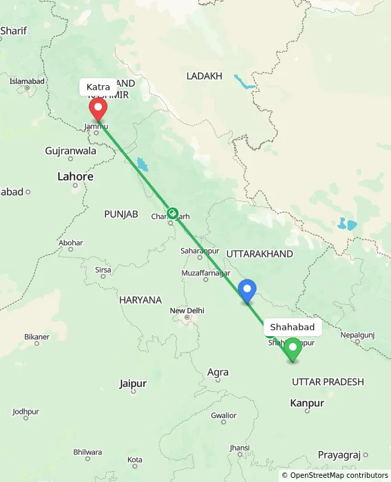 Route map showing distance and travel time from Shahabad, India to Katra, India