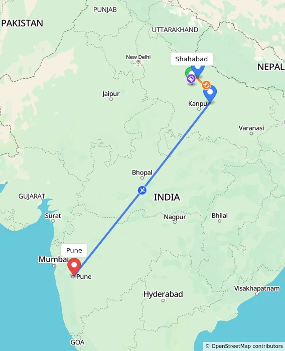 Route map showing distance and travel time from Shahabad, India to Pune, India