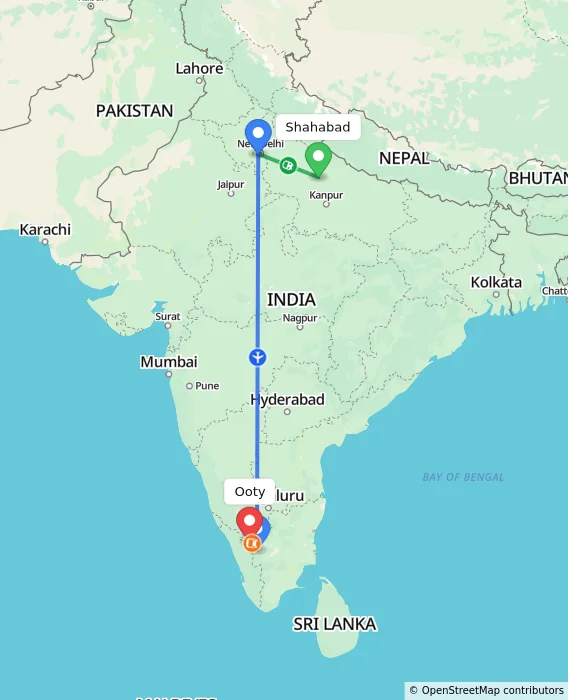 Route map showing distance and travel time from Shahabad, India to Ooty, India