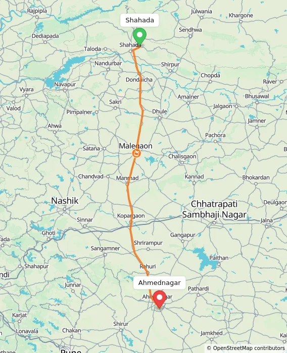 Route map showing distance and travel time from Shahada, India to Ahmednagar, India