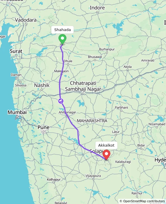 Route map showing distance and travel time from Shahada, India to Akkalkot, India