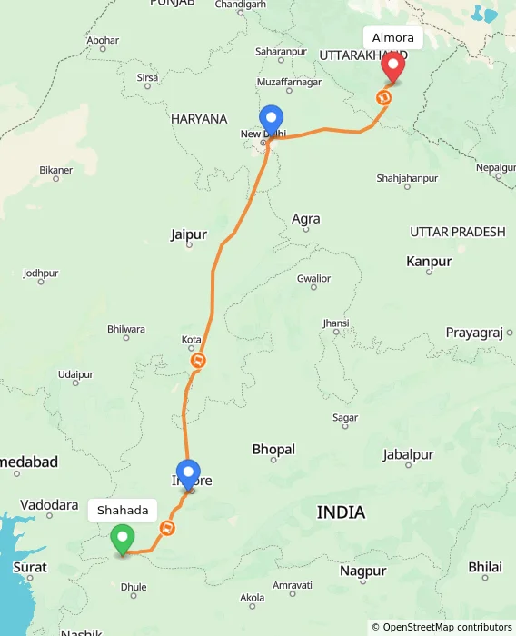 Route map showing distance and travel time from Shahada, India to Almora, India