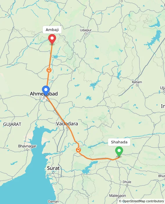 Route map showing distance and travel time from Shahada, India to Ambaji, India