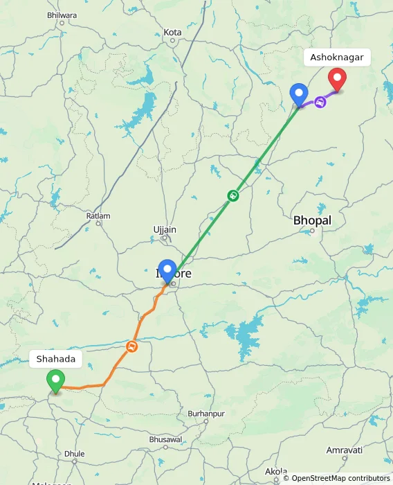 Route map showing distance and travel time from Shahada, India to Ashoknagar, India