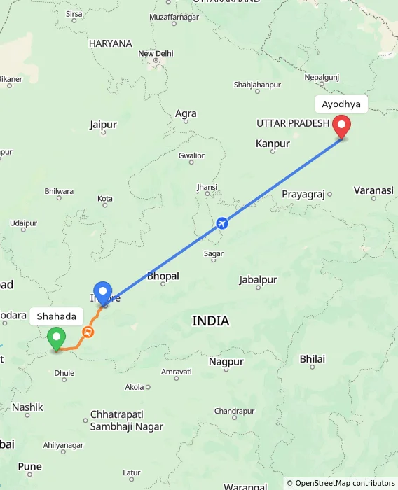Route map showing distance and travel time from Shahada, India to Ayodhya, India