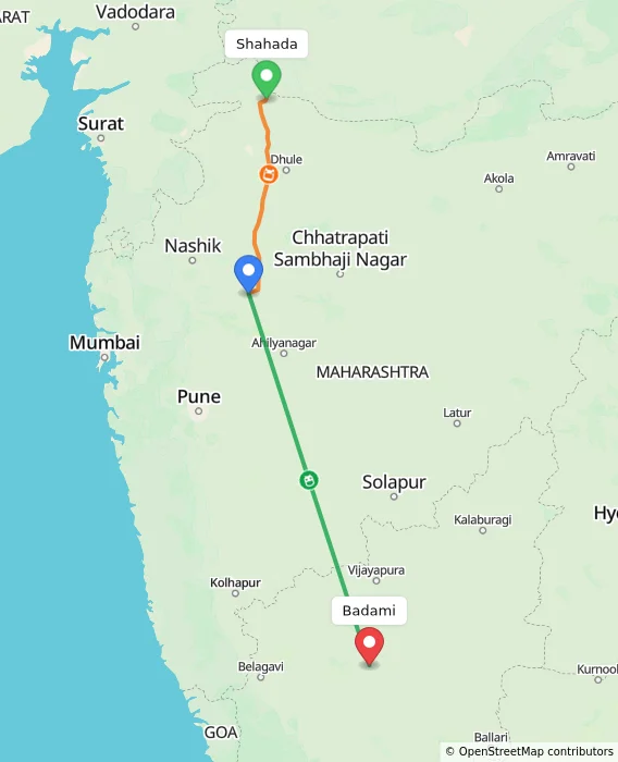 Route map showing distance and travel time from Shahada, India to Badami, India