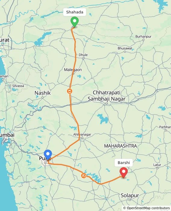 Route map showing distance and travel time from Shahada, India to Barshi, India