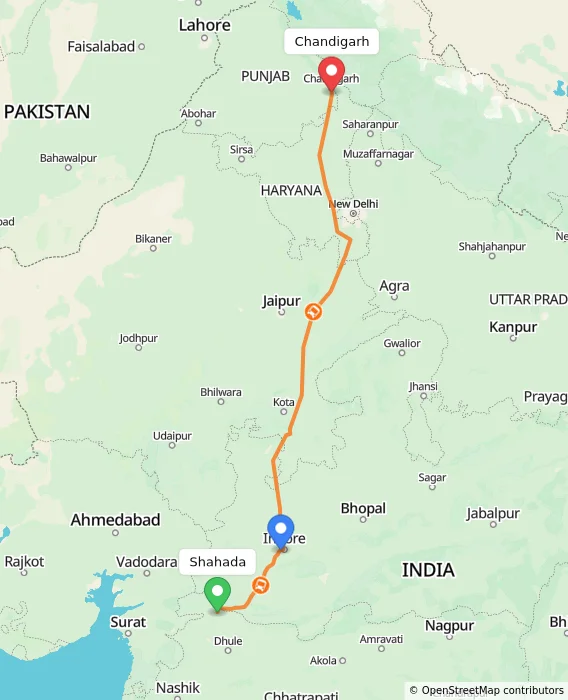 Route map showing distance and travel time from Shahada, India to Chandigarh, India