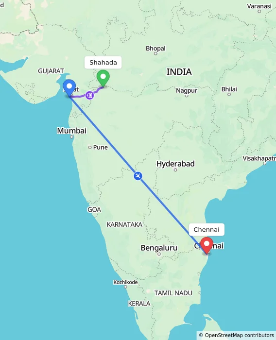 Route map showing distance and travel time from Shahada, India to Chennai, India