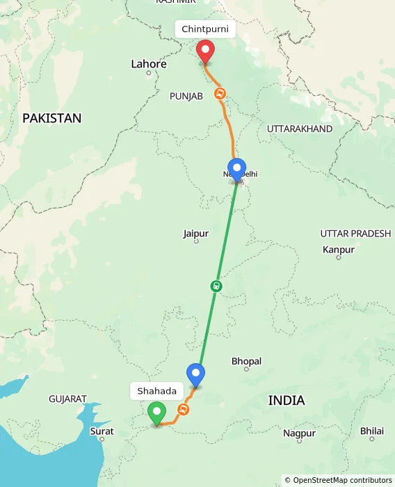 Route map showing distance and travel time from Shahada, India to Chintpurni, India