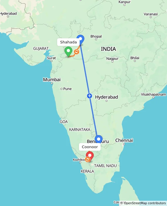 Route map showing distance and travel time from Shahada, India to Coonoor, India